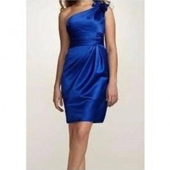David’s Bridal‎ One Shoulder Dress Womens 10 Royal Blue Bow Knee Length Classic - Picture 1 of 9